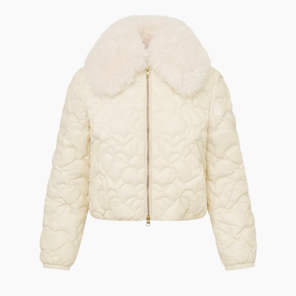 LoveShackFancy Sandria Cream Heart Quilted Puffer Jacket with Faux Fur Collar
